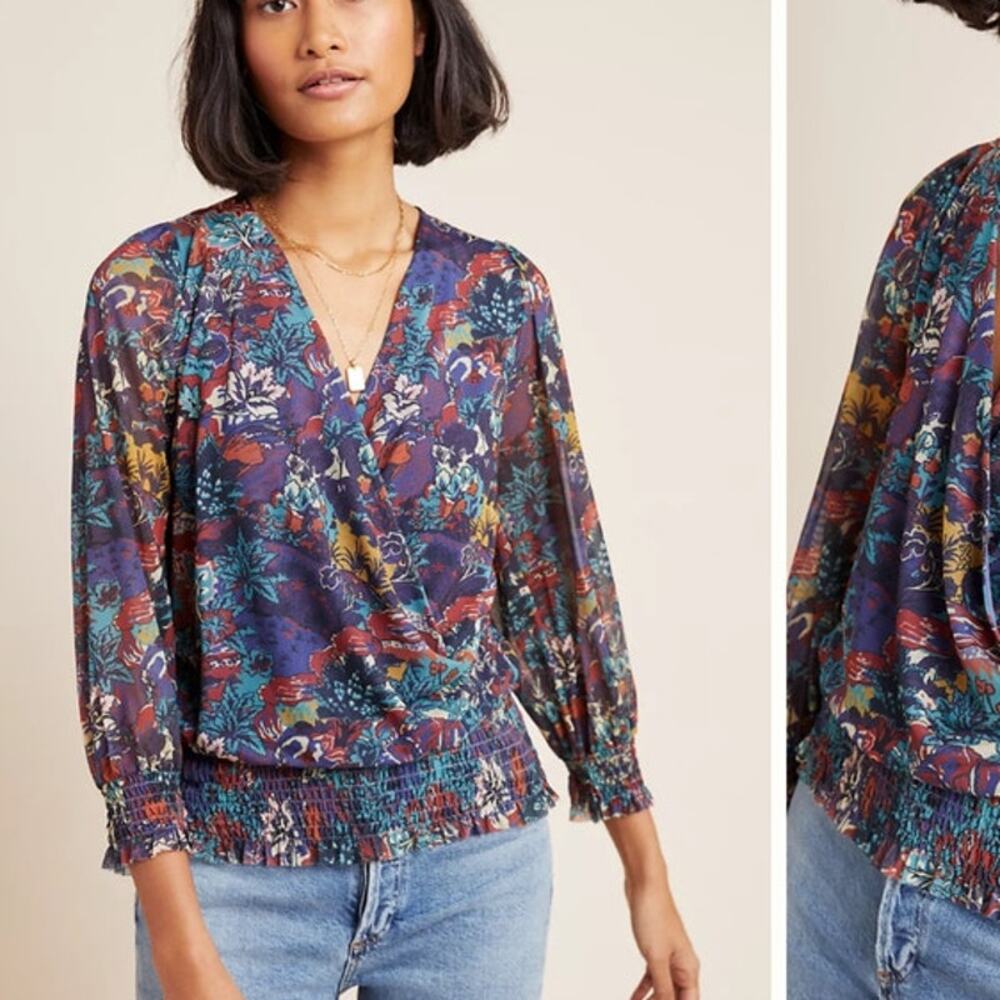 by Anthropologie Ines Smocked Surplice Top Dark Floral XS Boho Spring Feminine